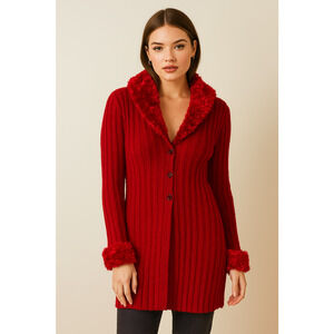 Vintage Forenza Women Cardigan Sweater XL Red Longline Collar Trim Edwardian Y2K